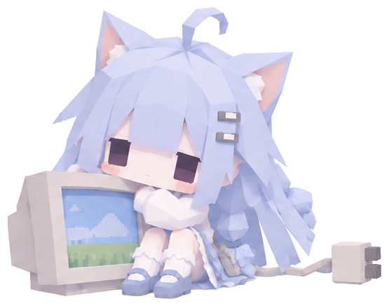 CRTの隣に座るローポリ少女