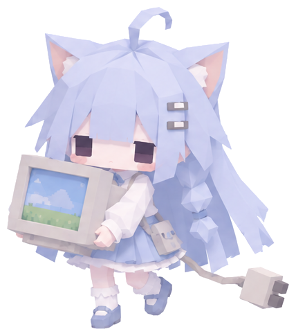 青い空と緑の草原が映るCRTを抱えた、水色の髪のローポリ少女